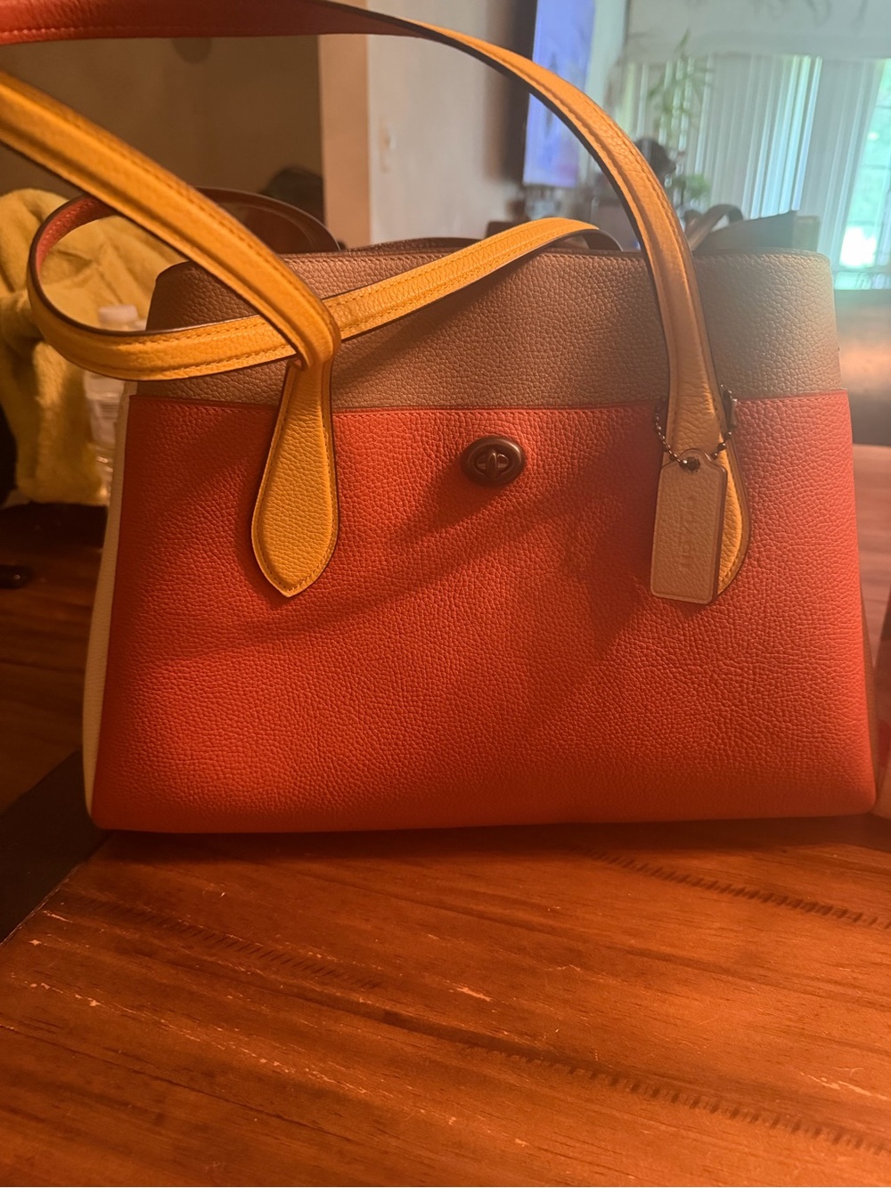 Coach Colorblock Pebbled Leather Tote - Orange, Yellow & Tan